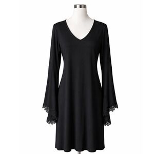 MSK Black Bell Sleeve V-Neck Shift Dress with Sheer Mesh Lace Trim Size M